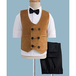 Babyhug Woven Full Sleeves Solid Color 3 Piece Party Suit with Bow - Tan