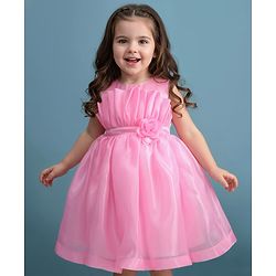 Babyhug Woven Sleeveless Solid Party Dress With Floral Applique - Baby Pink