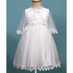 Babyhug Woven Sleeveless Mesh Party Dress with Shrug Floral Design & Pearl Detailing - White