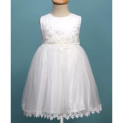 Babyhug Woven Sleeveless Mesh Party Dress with Shrug Floral Design & Pearl Detailing - White