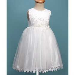 Babyhug Woven Sleeveless Mesh Party Dress with Shrug Floral Design & Pearl Detailing - White