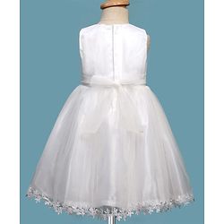 Babyhug Woven Sleeveless Mesh Party Dress with Shrug Floral Design & Pearl Detailing - White