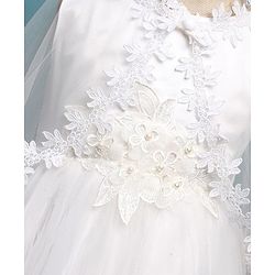 Babyhug Woven Sleeveless Mesh Party Dress with Shrug Floral Design & Pearl Detailing - White