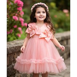 Babyhug Woven Sleeveless Fit & Flare Partywear Mesh Dress With Floral Corsage - Peach