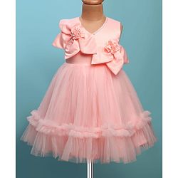 Babyhug Woven Sleeveless Fit & Flare Partywear Mesh Dress With Floral Corsage - Peach