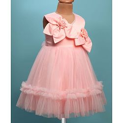 Babyhug Woven Sleeveless Fit & Flare Partywear Mesh Dress With Floral Corsage - Peach