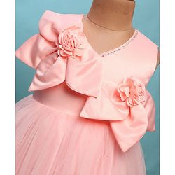 Babyhug Woven Sleeveless Fit & Flare Partywear Mesh Dress With Floral Corsage - Peach