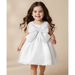 Babyhug Woven Sleeveless Solid Party Dress With Pearl Bow Appllique - White