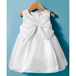Babyhug Woven Sleeveless Solid Party Dress With Pearl Bow Appllique - White