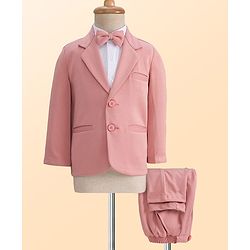 Babyhug Knit Full Sleeves Solid Color 3 Piece Party Suit with Bow - Pink