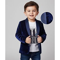 Babyhug Velour Knit Full Sleeves Solid Blazer With Strong Text Printed T-Shirt - Navy Blue & White