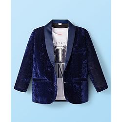 Babyhug Velour Knit Full Sleeves Solid Blazer With Strong Text Printed T-Shirt - Navy Blue & White