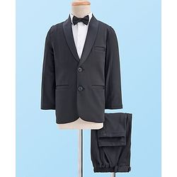 Babyhug Knit Full Sleeves Solid Three Piece Party Suit Set with Bow - Black