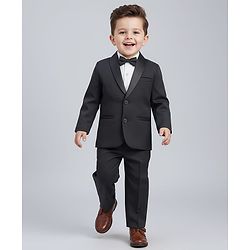 Babyhug Knit Full Sleeves Solid Three Piece Party Suit Set with Bow - Black