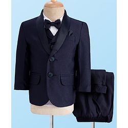Babyhug Woven Four Piece Party Suit Set with Bow - Navy Blue