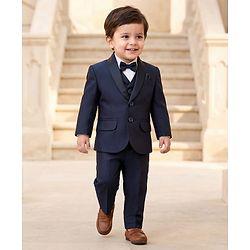 Babyhug Woven Four Piece Party Suit Set with Bow - Navy Blue