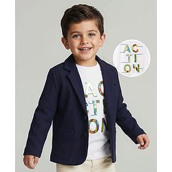 Babyhug Knit Full Sleeves Solid Blazer With Printed T-Shirt - Navy Blue
