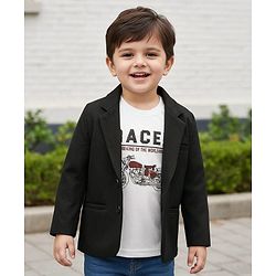 Babyhug Knit Full Sleeves Party Wear Solid Blazer & T-Shirt with Racer Text Print - Black & White