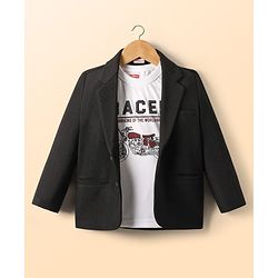 Babyhug Knit Full Sleeves Party Wear Solid Blazer & T-Shirt with Racer Text Print - Black & White