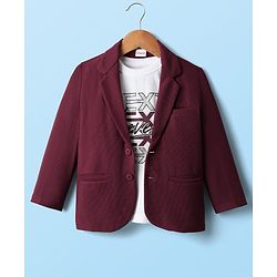 Babyhug Knit Full Sleeves Solid Blazer With Printed T-Shirt - Maroon