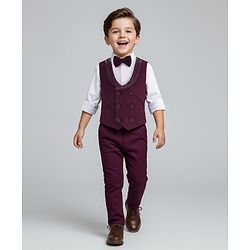 Babyhug Knit Full Sleeves Solid Color 3 Piece Party Suit with Bow - White & Wine