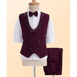 Babyhug Knit Full Sleeves Solid Color 3 Piece Party Suit with Bow - White & Wine