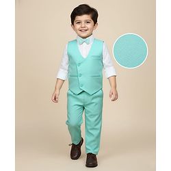 Babyhug Knit Full Sleeves Solid Color 3 Piece Party Suit with Bow Applique - Mint