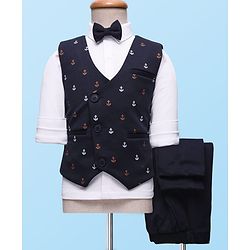 Babyhug Knit Full Sleeves 3 Piece Party Suit with Bow & Anchor Glitter Print - Navy Blue