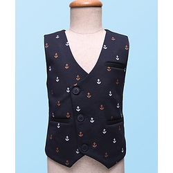 Babyhug Knit Full Sleeves 3 Piece Party Suit with Bow & Anchor Glitter Print - Navy Blue