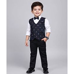 Babyhug Knit Full Sleeves 3 Piece Party Suit with Bow & Anchor Glitter Print - Navy Blue