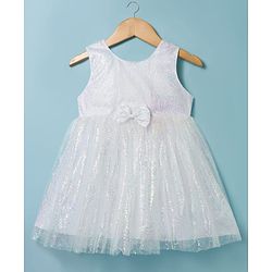 Babyhug Woven Sleeveless Mesh Party Dress with Sequin Detailing & Bow Applique - White
