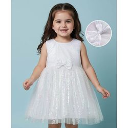 Babyhug Woven Sleeveless Mesh Party Dress with Sequin Detailing & Bow Applique - White