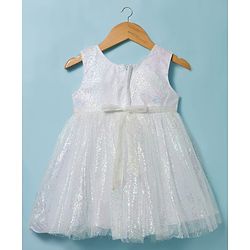 Babyhug Woven Sleeveless Mesh Party Dress with Sequin Detailing & Bow Applique - White
