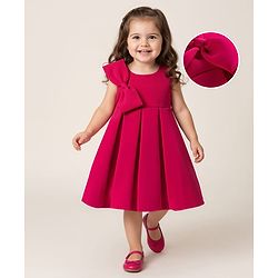 Babyhug Scuba Woven Sleeveless Partywear Fit and Flare Dress with Bow Applique - Dark Pink