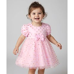 Babyhug Woven Half Puffed Sleeves Mesh Party Dress With Foil Polka Dot Print & Bow Applique - Pink