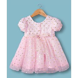 Babyhug Woven Half Puffed Sleeves Mesh Party Dress With Foil Polka Dot Print & Bow Applique - Pink