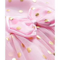 Babyhug Woven Half Puffed Sleeves Mesh Party Dress With Foil Polka Dot Print & Bow Applique - Pink