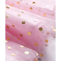 Babyhug Woven Half Puffed Sleeves Mesh Party Dress With Foil Polka Dot Print & Bow Applique - Pink