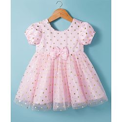 Babyhug Woven Half Puffed Sleeves Mesh Party Dress With Foil Polka Dot Print & Bow Applique - Pink