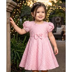 Babyhug Mesh Woven Puffed  Sleeves Fit & Flare Party Dress with Embossed Design & Bow Applique - Pink