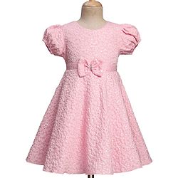 Babyhug Mesh Woven Puffed  Sleeves Fit & Flare Party Dress with Embossed Design & Bow Applique - Pink