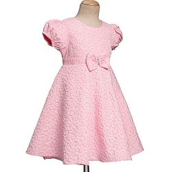 Babyhug Mesh Woven Puffed  Sleeves Fit & Flare Party Dress with Embossed Design & Bow Applique - Pink