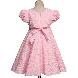 Babyhug Mesh Woven Puffed  Sleeves Fit & Flare Party Dress with Embossed Design & Bow Applique - Pink
