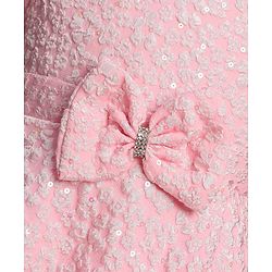 Babyhug Mesh Woven Puffed  Sleeves Fit & Flare Party Dress with Embossed Design & Bow Applique - Pink