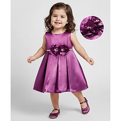 Babyhug Woven Sleeveless Pleated Party Dress With Floral Corsage - Purple