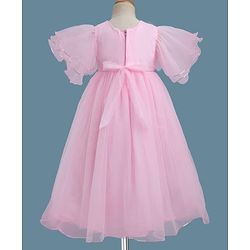 Babyhug Woven Half Sleeves Party Gown With Bow Applique & Sequin Detailing - Pink