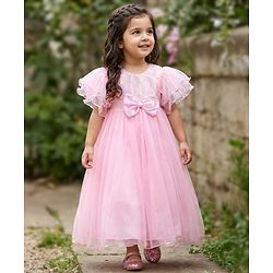 Babyhug Woven Half Sleeves Party Gown With Bow Applique & Sequin Detailing - Pink