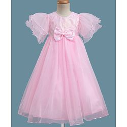 Babyhug Woven Half Sleeves Party Gown With Bow Applique & Sequin Detailing - Pink