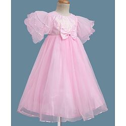 Babyhug Woven Half Sleeves Party Gown With Bow Applique & Sequin Detailing - Pink