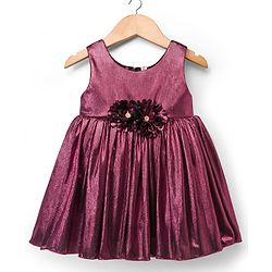 Babyhug Woven Partywear Sleeveless Fit and Flare Metallic Dress with Floral Applique - Maroon